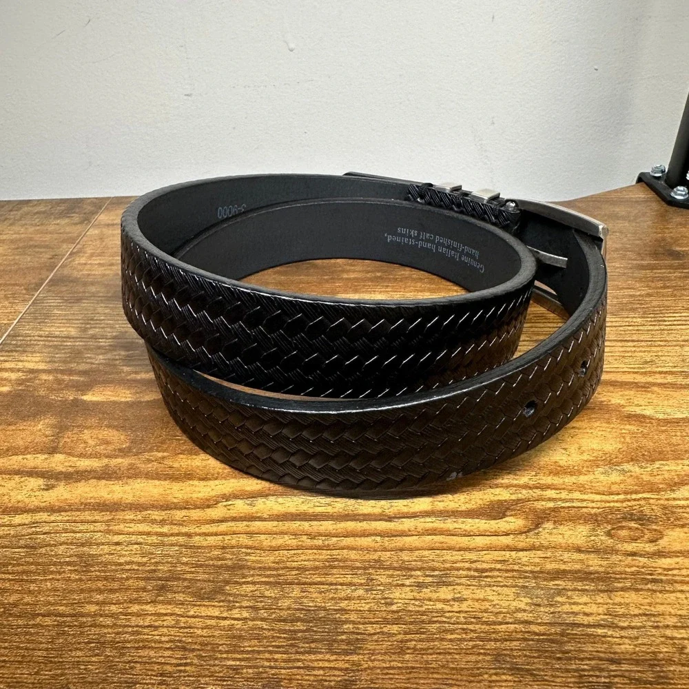 Luciano Bocelli Mens Black Woven Leather Belt Italian Calf Skin Silver Buckle 34